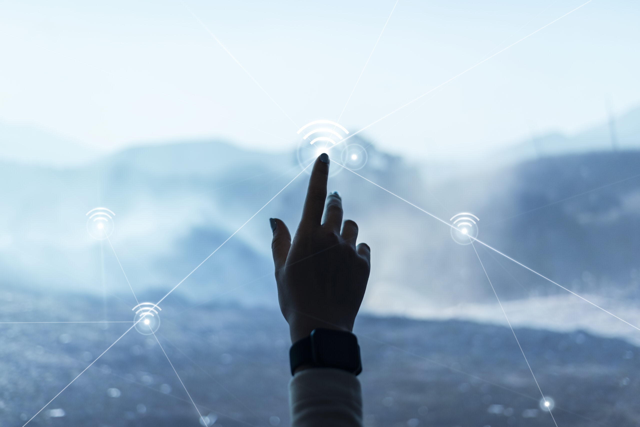 Digital communication technology background with hand touching virtual screen digital remix Symbolbild Zukunftsicher